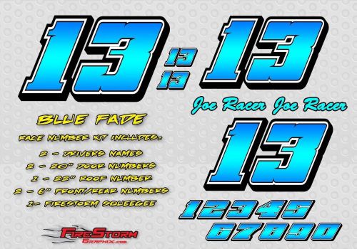 Blue fade race car numbers vinyl decals late model, modified, street stock