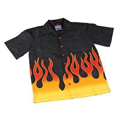 Shirt button down cotton rayon short sleeve black yellow orange flames men's med