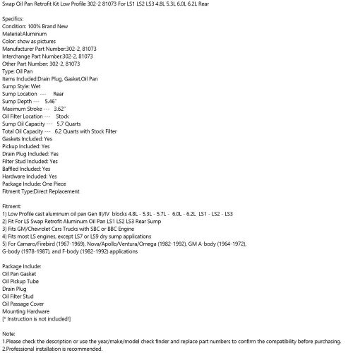 Swap Oil Pan Retrofit Low Profile 81073 Fit LS1 LS2 LS3 4.8L 5.3L 6.0L 6.2L Rear, US $322.71, image 7