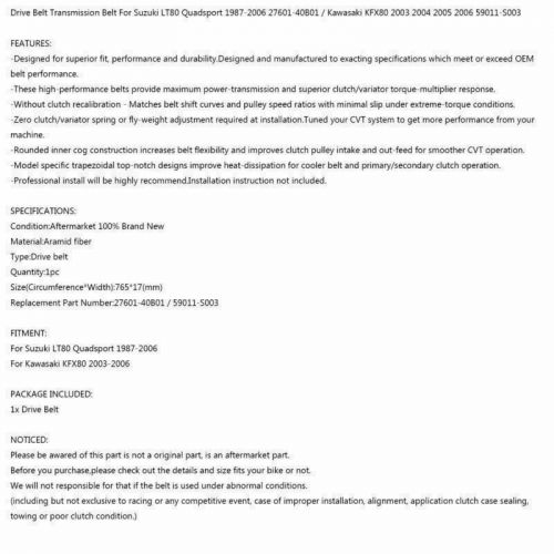 Drive clutch belt for kawasaki kfx80 03-06 suzuki lt80 quadsport 87-06 sg