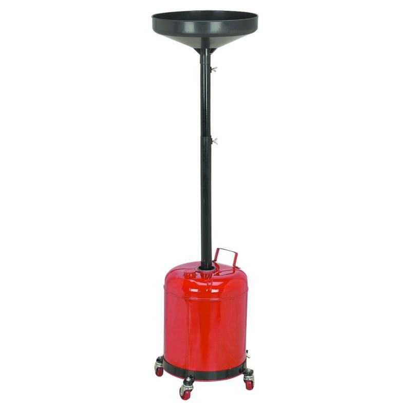 5 gallon oil drain dolly, galvanized steel, easy pour spout, 40" to 67" adj.