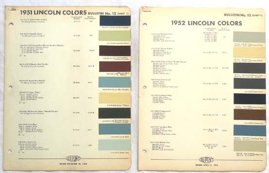 1951 - 1952 lincoln  dupont  color paint chip charts all models  original