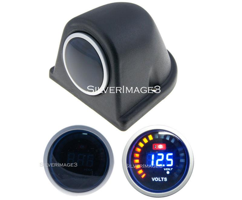 2" 52mm universal blue digital led volt voltage gauge smoke face with gauge pod