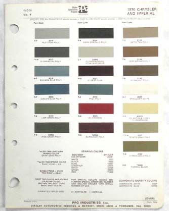 1970 chrysler and imperial ppg  color paint chip chart all models 
