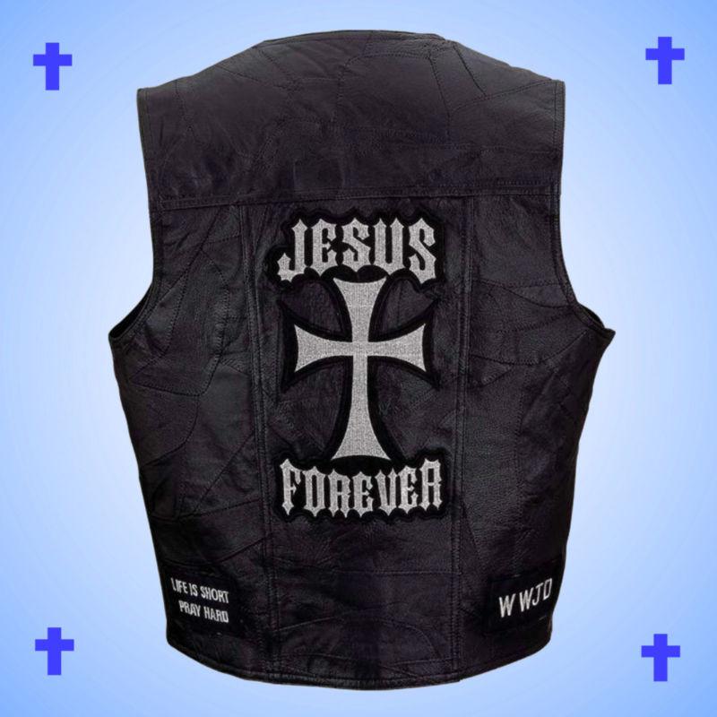 --christian theme--leather motorcycle biker vest---jesus forever--men's size xl