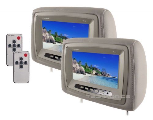 Pair car 8&#034; wide screen universal led video headrest pillow grey monitors set
