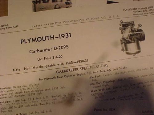 1931 plymouth carter carburator parts sheets from carter