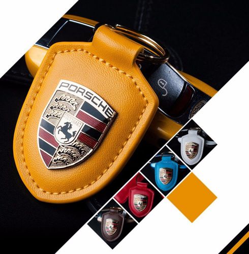New porsche logo leather key chain ring decal 911 panamema cayenne cayman turbo