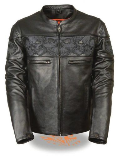 Motorcycle leather jacket w/reflective skulls  men&#039;s by first mfg. size large