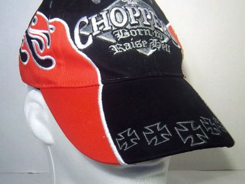 Chopper wear &#034;born to raise hell&#034; skull &amp; flames black &amp; red motorcycle cap/hat