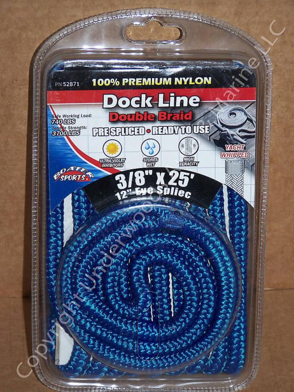 Double braid nylon dock line blue 3/8"x25' boat 12"eye