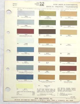 1974  lincoln  ppg  color paint chip chart all models  original
