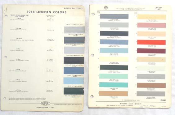 1958   lincoln  dupont and  ppg  color paint chip charts all models  