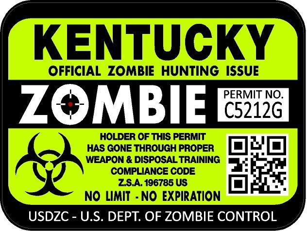 Kentucky zombie hunting license permit 3"x4" decal sticker outbreak 1227