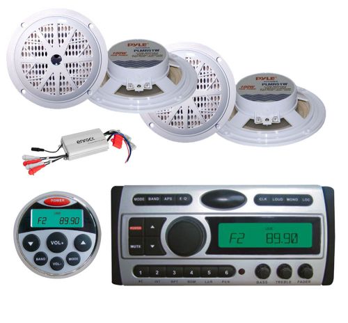 Pldmr87 marine cd dvd mp3 radio +800w amp,marine remote,4x 5.25&#034; white speakers