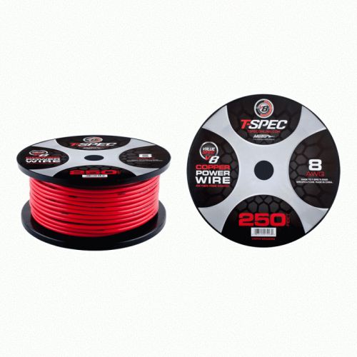 T-spec v8pw-8rd250 v8 series 8 ga power wire 250 feet long spool solid red color