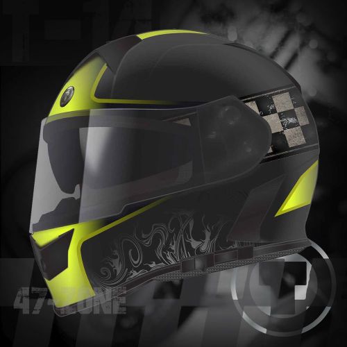 T14 mako matte black champion hi viz l full face dual visor motorcycle helmet