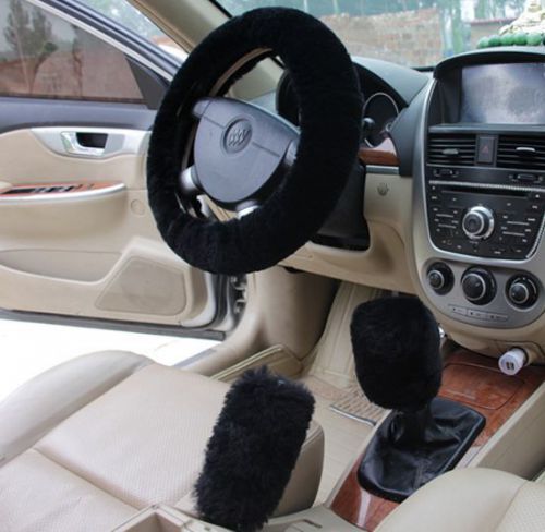 Pure sheepskin wool black handbrake cover gear shift cover steering wheel cover