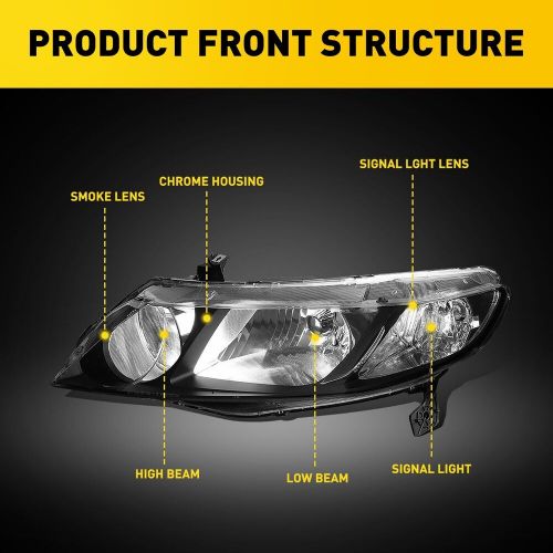 Headlights For 2006-11 Honda Civic 4 Door Black Sedan Factory Style Pair LH+RH, US $95.19, image 11