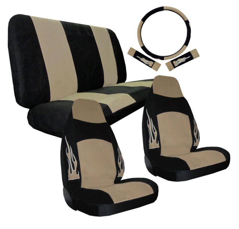 Synthetic leather tan black flame high back car seat covers 7pc pkg #1