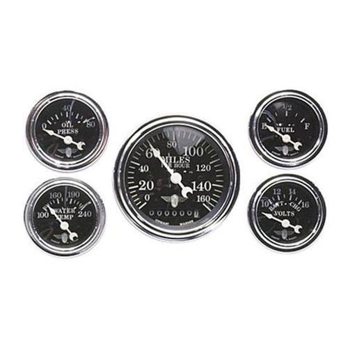 New stewart warner 82229 electric wings 5 gauge set, black face, 3-3/8" speedo