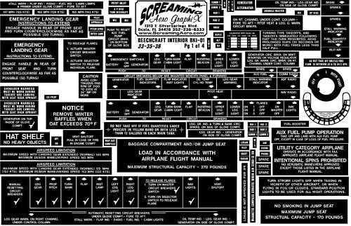Beechcraft 33-35-36 4 pg interior placard kit free-ship