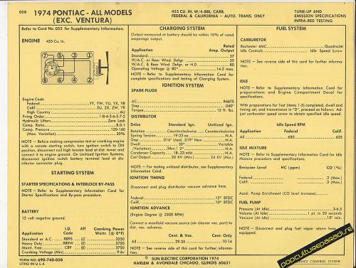 1974 pontiac 455 all models w/4 bbl carb engine car sun electronic spec sheet