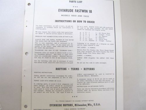 Used 1960 evinrude 15032 15033 fastwin 18hp parts catalog/list