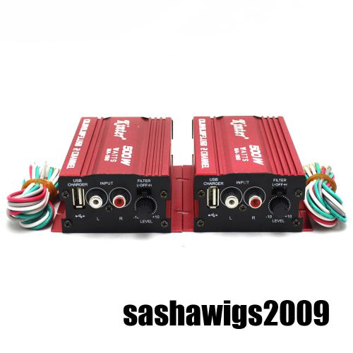 2x free shipping 2 channels hi-fi red ampilifier with cable play ipod mp3 usb
