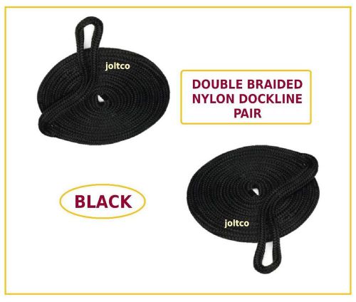 Pair of 3/8&#034; x 15&#039; premium nylon double braided dock lines - black