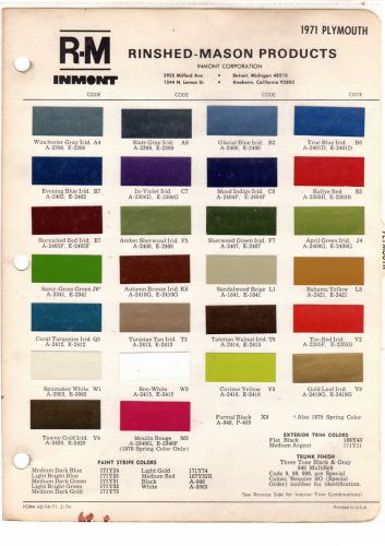 1971 plymouth barracuda road runner duster scamp gtx valiant 71 paint chips rm3