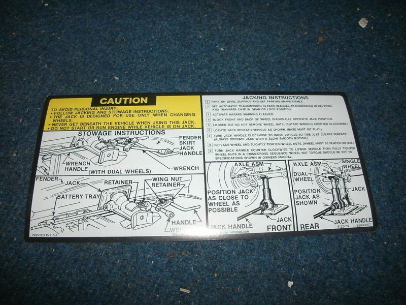 1978 1979 chevrolet / gmc truck jack instructions decal sticker new
