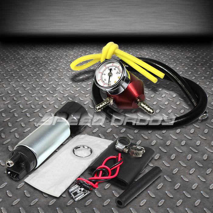 0-140psi adjustable fuel pressure regulator+gauge+290 lph electronic pump red