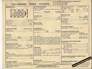 1973 dodge plymouth chrysler 400 ci/ 175-185 hp v8 car sun electronic spec sheet