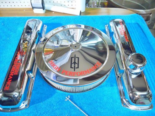 350-455 oldsmobile sht chrome valve covers &amp; air cleaner-w black &amp; red hp decals