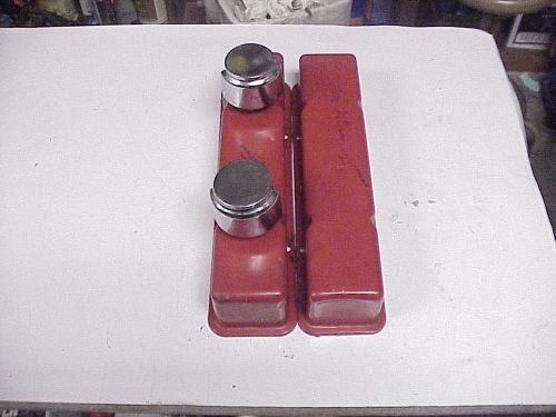 Steel tall red circle track valve covers with breathers for sb chevy imca ump