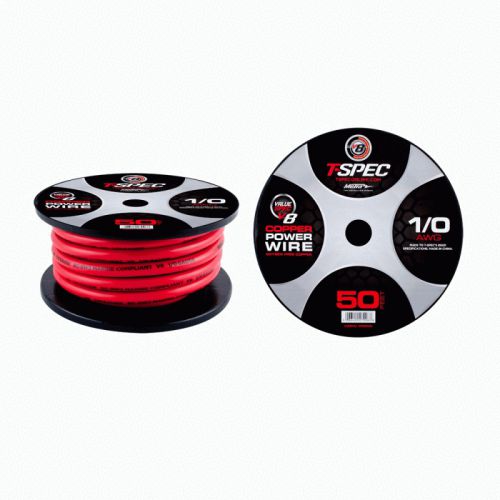 T-spec v8pw-1rd50 v8 series 0 gauge power wire 50 feet spool solid red color