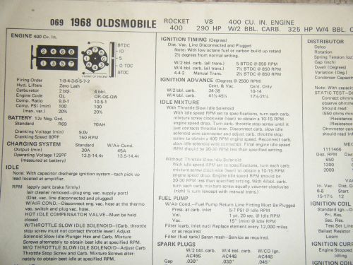 1968 olds rocket 400 2 bbl carb 290 hp 4 bbl carb 325 hp sun tune up specs sheet