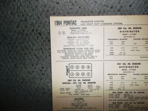 1964 pontiac series models 389 &amp; 421 ci v8 w/ti sun tune up chart great shape!
