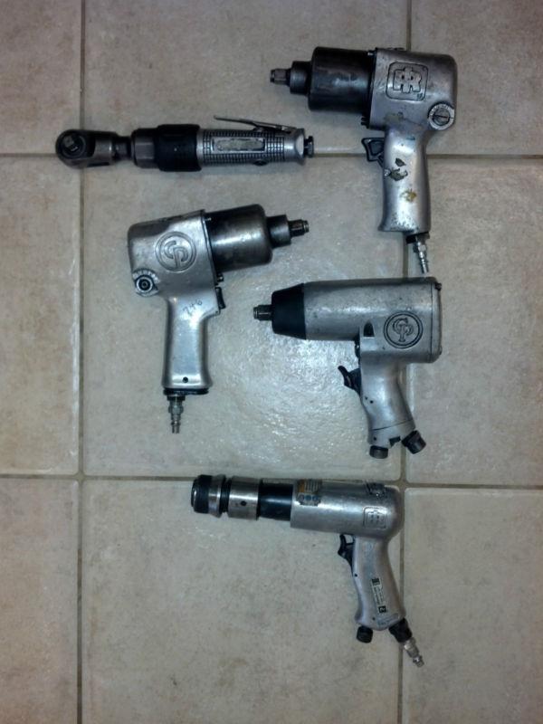 Lot of 5 pneumatic tools, 1/2 air guns, 3/8 air ratchet & air hammer 