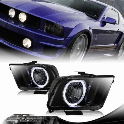 2005-2009 ford mustang black housing smoked lens led halo headlight lamps