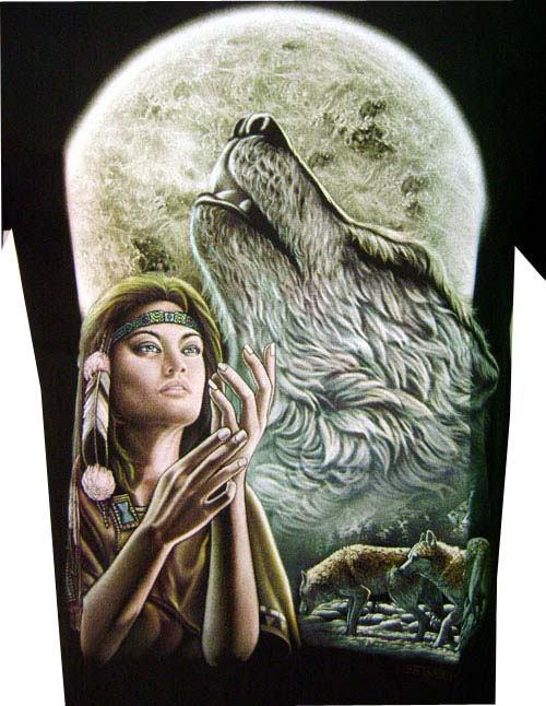 New vintage red indian girl wolf moon native american tattoo gift t-shirt sz l