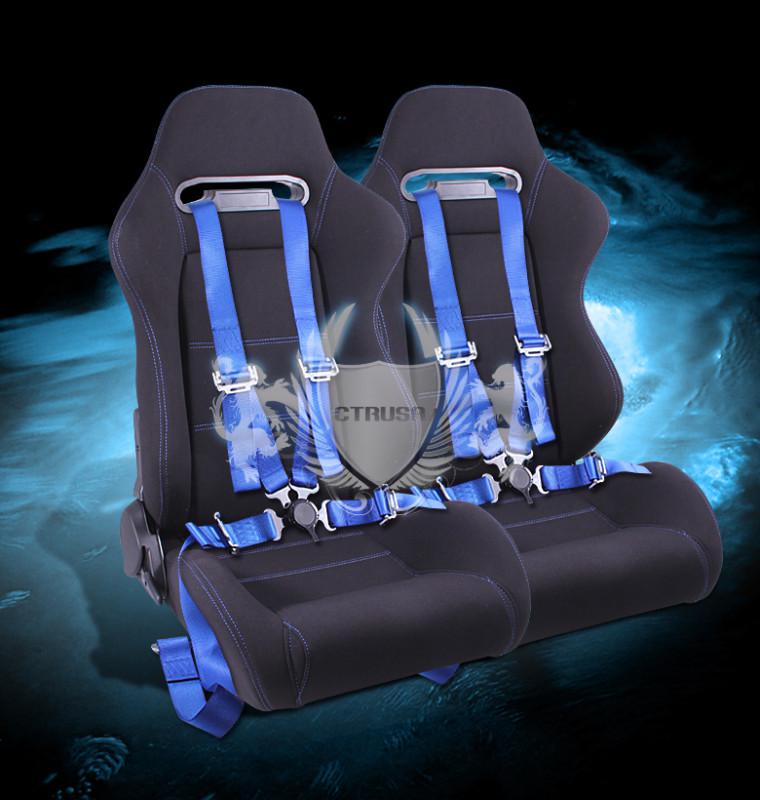 2x universal blk racing seats fabric blue stitch +4-pt camlock harness seat belt