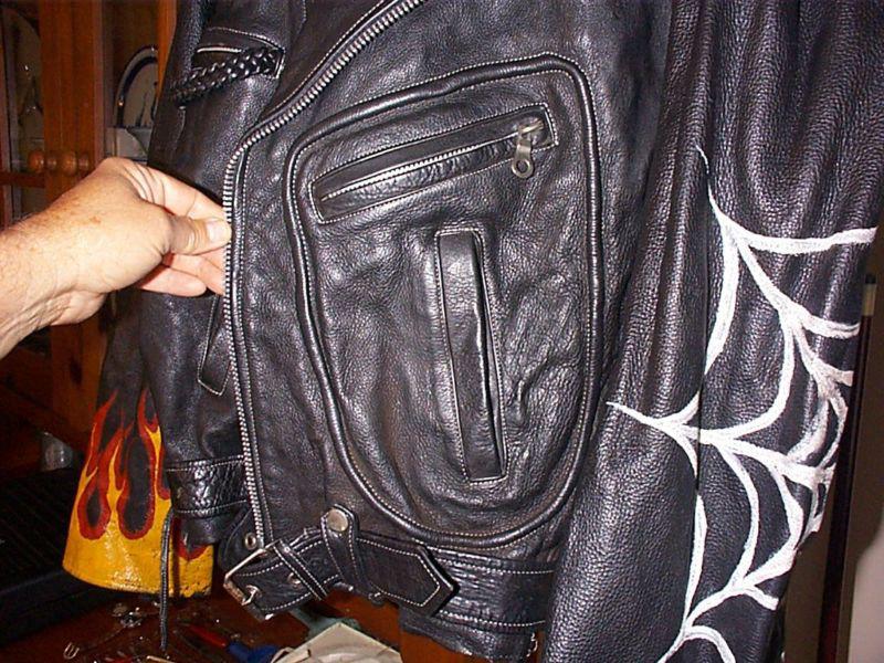 Rare Old School Leather motorcycle Jacket Flames Spider Web D style pocket , US $99.00, image 3