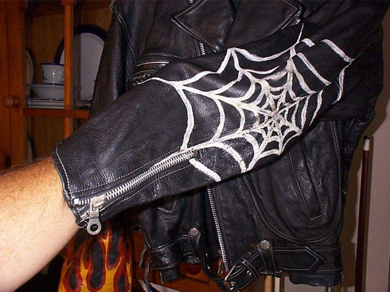 Rare Old School Leather motorcycle Jacket Flames Spider Web D style pocket , US $99.00, image 4