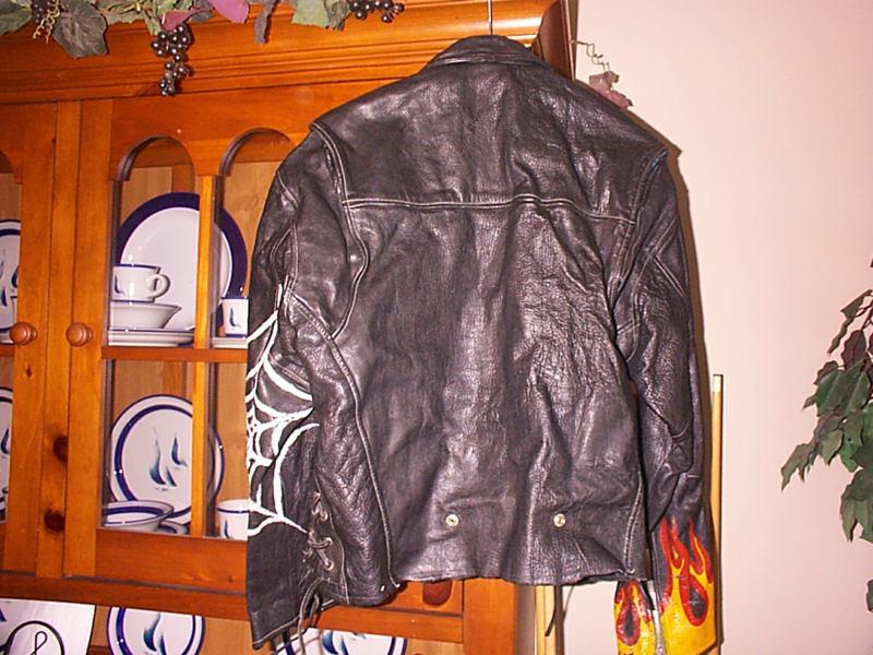 Rare Old School Leather motorcycle Jacket Flames Spider Web D style pocket , US $99.00, image 9