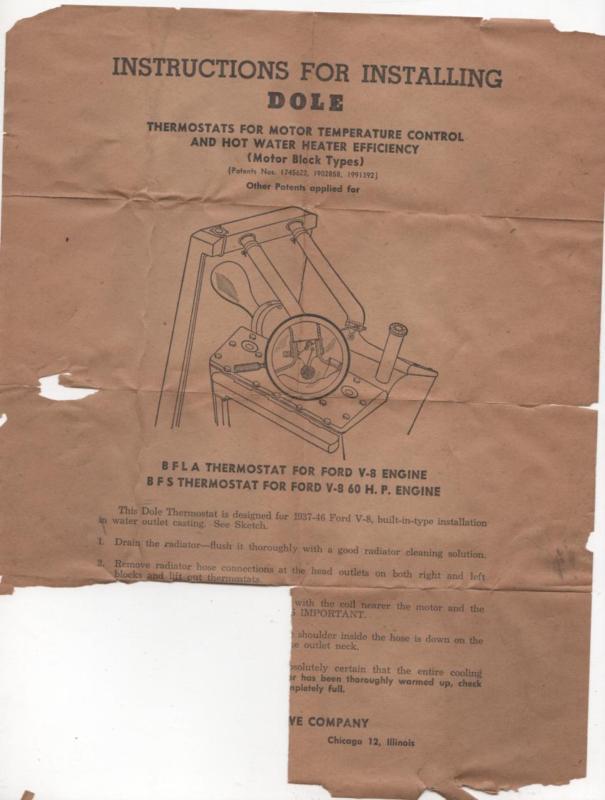 Replacement dole thermostat for 1937-46 ford v/8