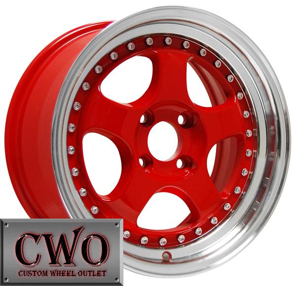 15 red konig candy wheels rims 4x100 4 lug civic mini miata g5 cobalt xb integra