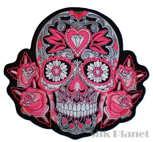 9" jewel mexican sugar skull rose jacket tattoo biker vest back patch death day