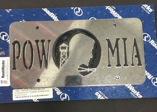 Stainless steel &#034;pow/mia&#034; license plate w/ black back
